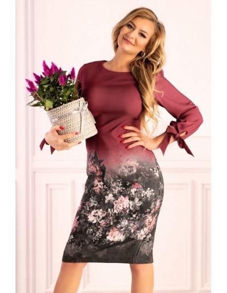 Mitral dress women's maroon with flowers long sleeves, Merribel d49