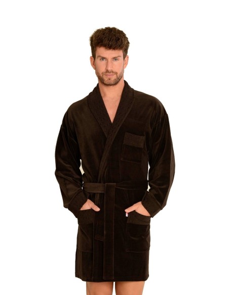 Welur szlafrok męski krótki z kołnierzem, De Lafense 711