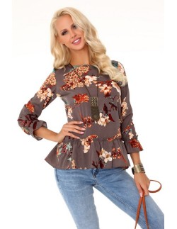 Aridanna blouse women's with frills 3/4 sleeve brown,...