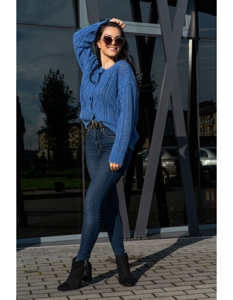 Boniqe sweter damski zapinany ażurowy wzór jeans, Merribel