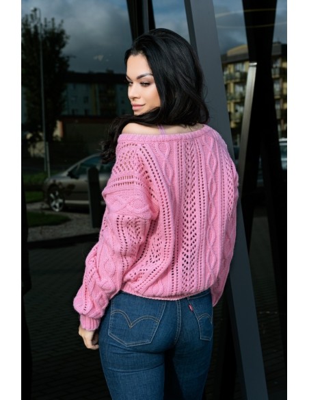 Boniqe sweter damski zapinany ażurowy wzór różowy, Merribel
