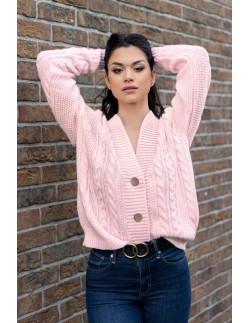 Mirila sweter damski zapinany ozdobny splot pudrowy,...