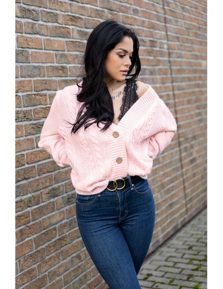 Mirila sweter damski zapinany ozdobny splot pudrowy, Merribel