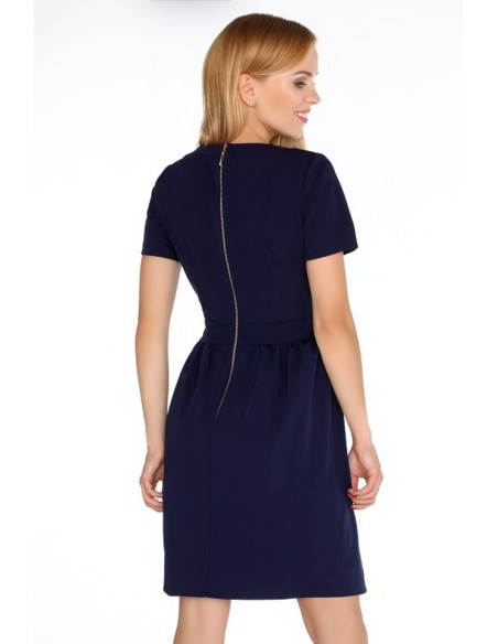 Marelna sukienka damska krótki rękaw rozkloszowany dół granatowa, Merribel