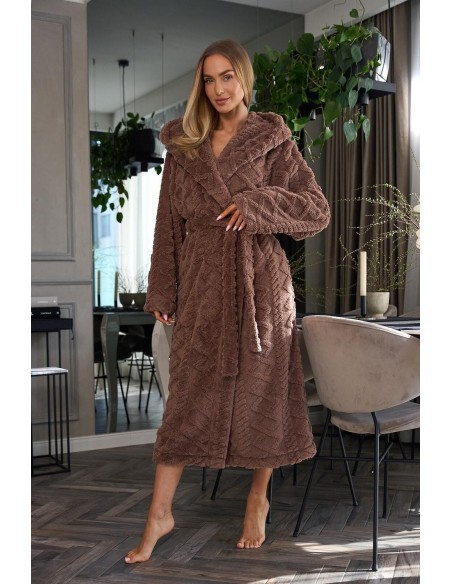 Szlafrok damski z kapturem L&L Geo 2402, długi i ciepły