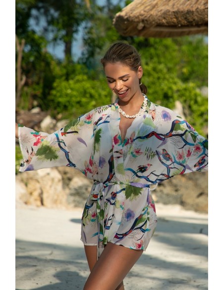 Bedspread plażowa short pareo white with flowers 283/01