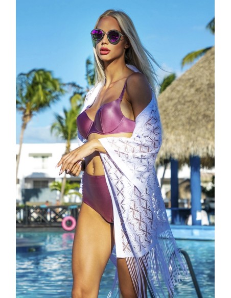 Narzutka plażowa biała z frędzlami 213/01