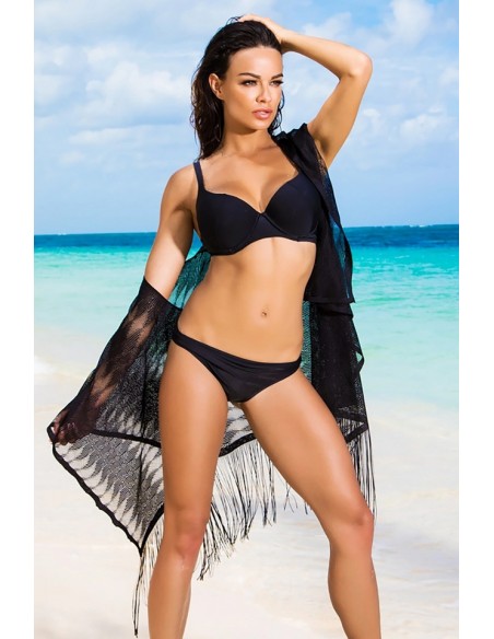 Narzutka plażowa czarna z frędzlami 213/03