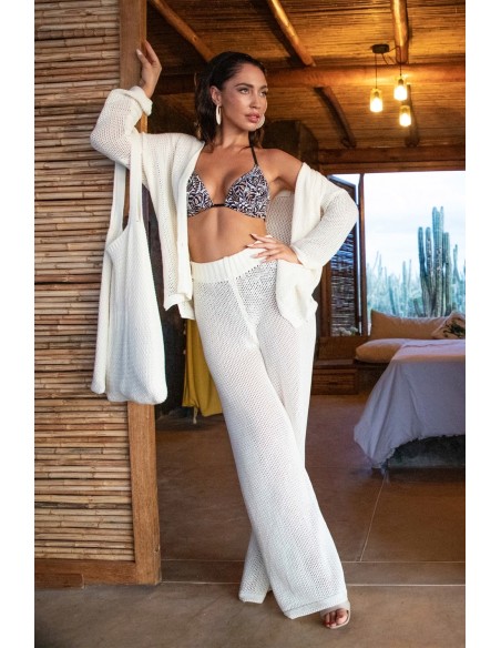 Bawełniany ażurowy komplet zapinana koszula i długie spodnie x fobya kremowy Primo