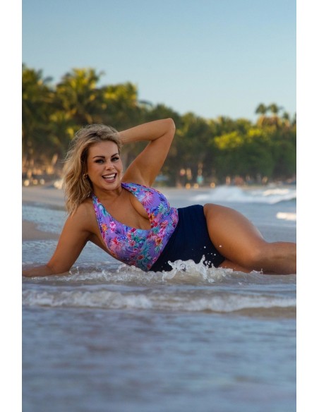 Jednoczęściowy kostium kąpielowy wyszczuplający z głębokim dekoltem wiązany na szyi Primo