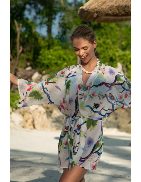 Narzutka plażowa pareo białe w kwiaty long Primo