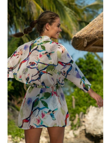 Narzutka plażowa pareo białe w kwiaty long Primo