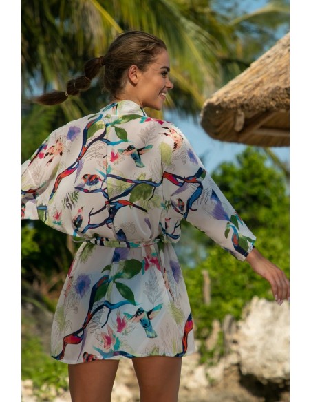 Narzutka plażowa pareo białe w kwiaty long Primo