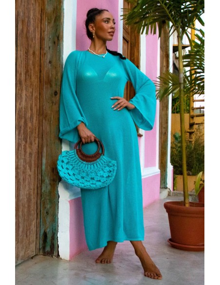 Długa sukienka ażurowa z dekoltem na plecach z bawełny x fobya turkusowa niebieska Primo