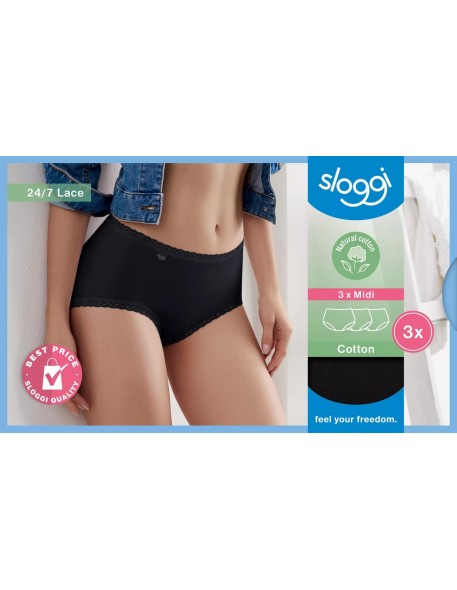 24/7 cotton lace midi c3p black Sloggi