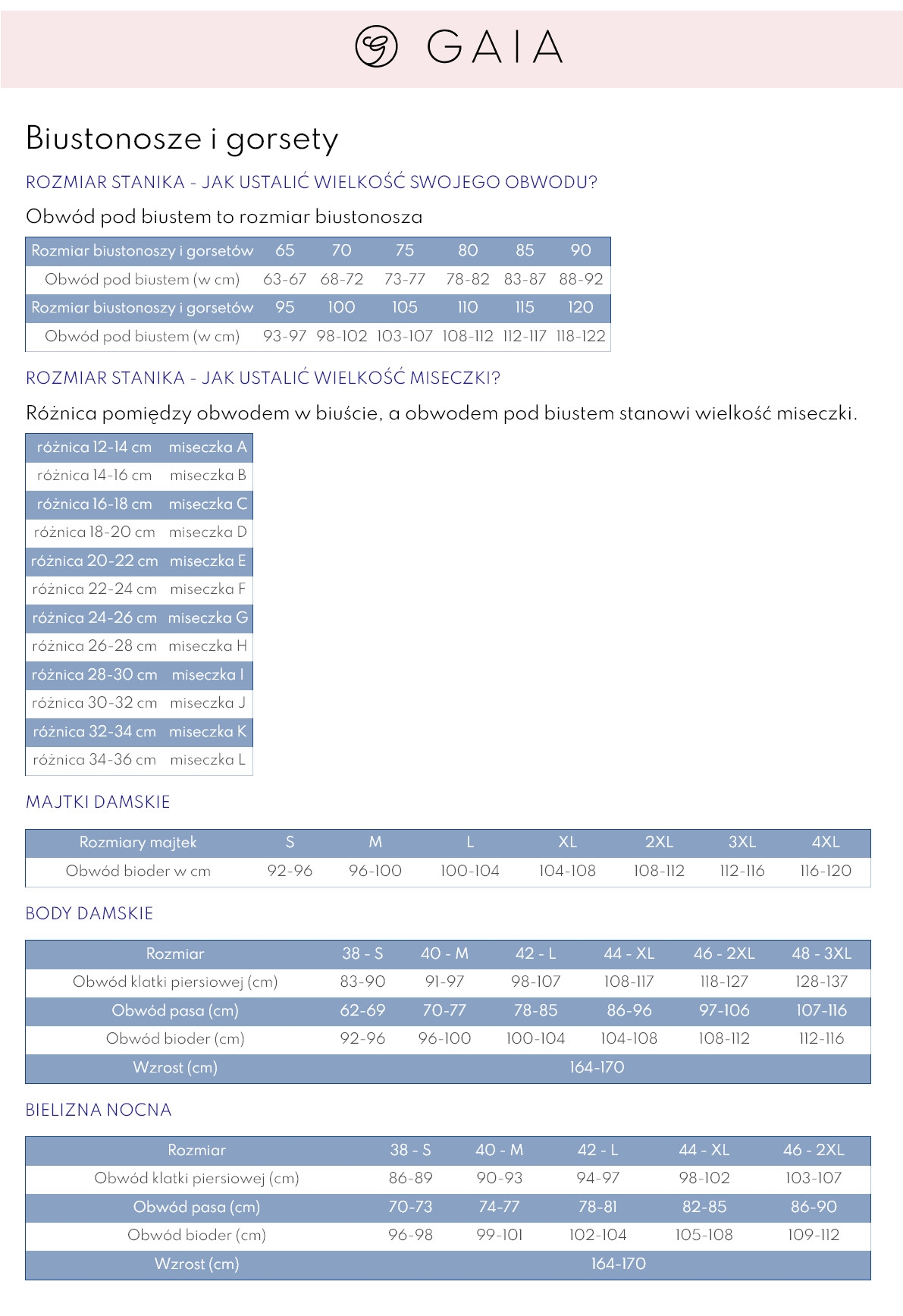 tabela rozmiarów Gaia