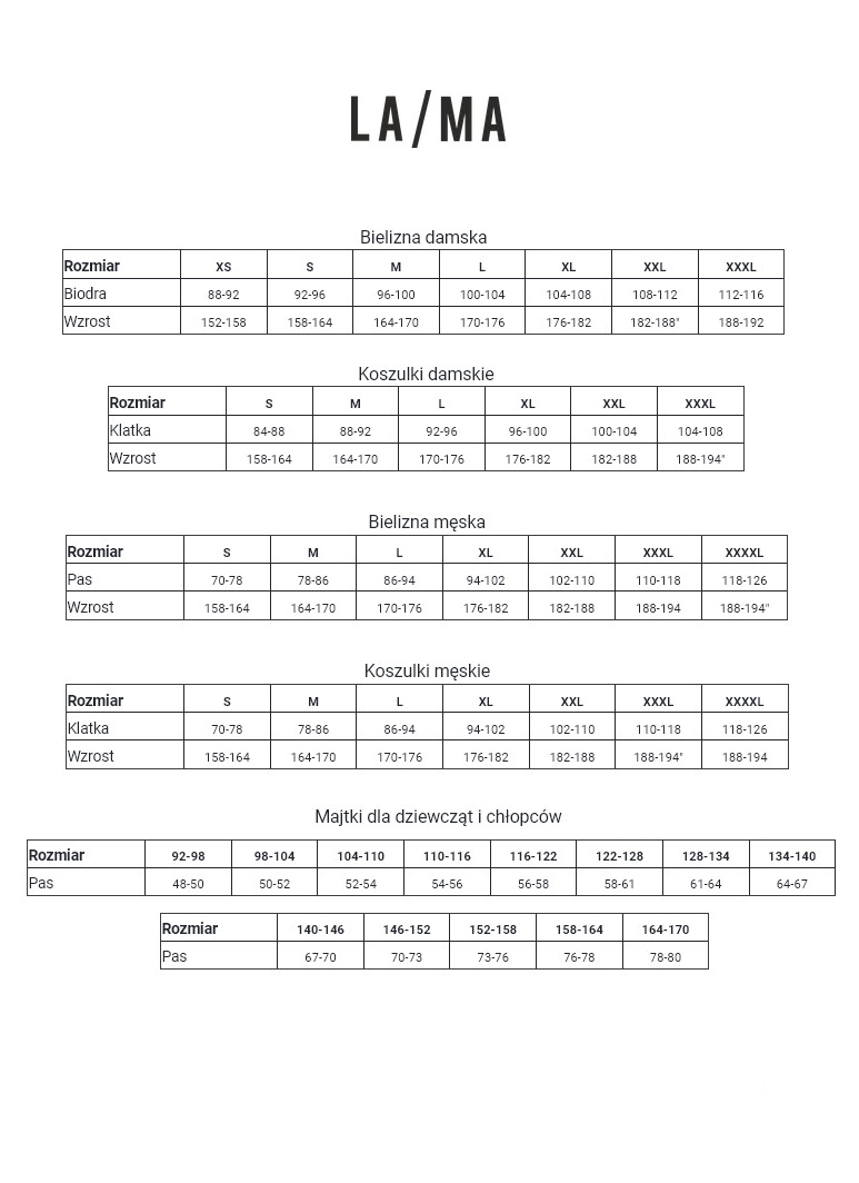 Lama size chart