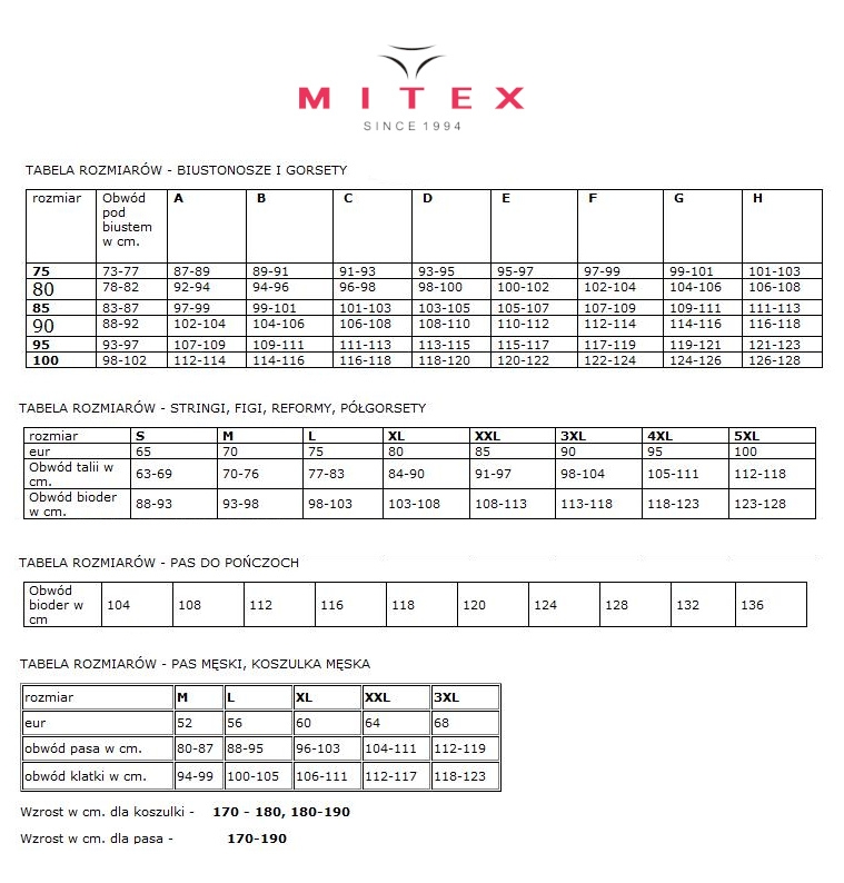 Mitex size chart