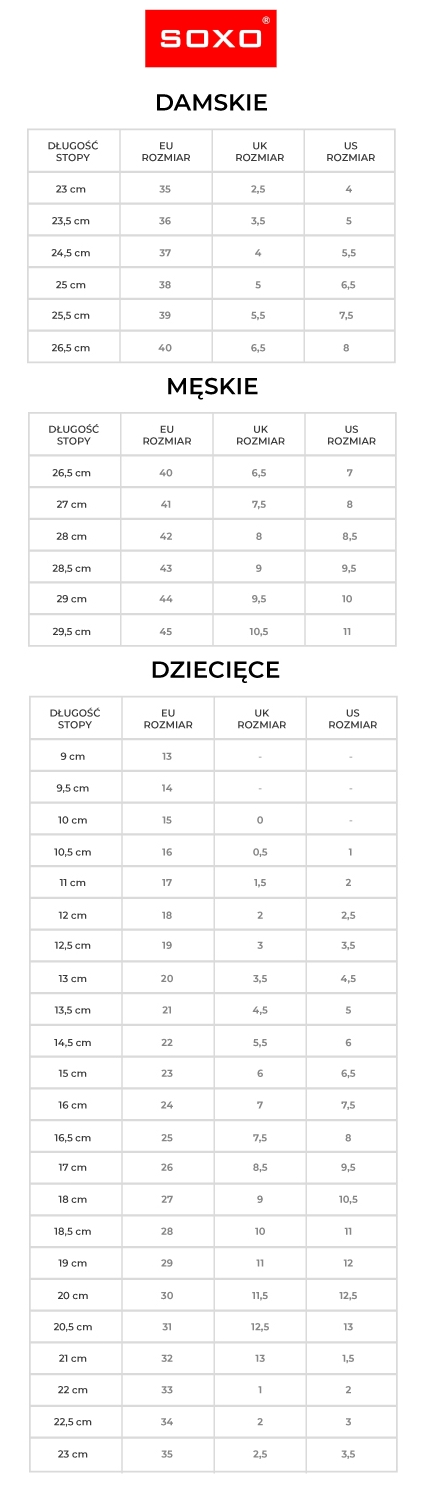 tabela rozmiarów Soxo