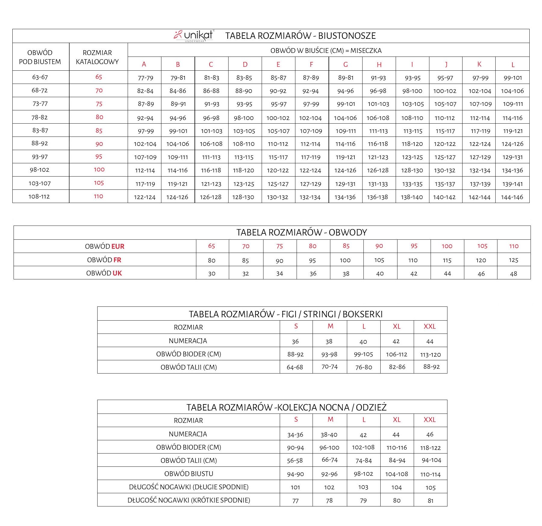 tabela rozmiarów Unikat