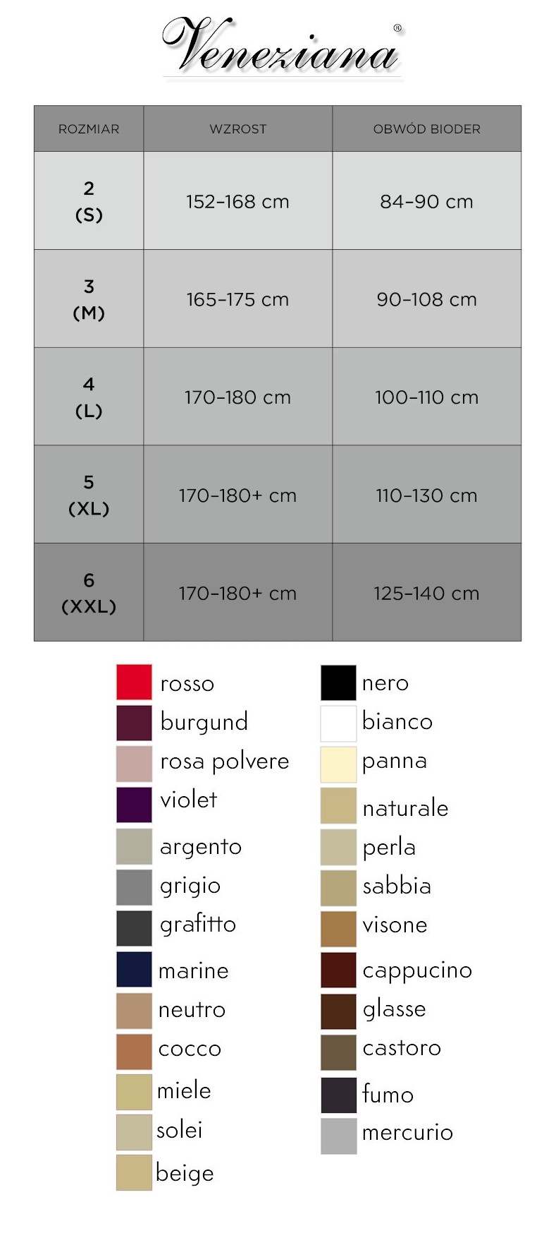 Veneziana size chart